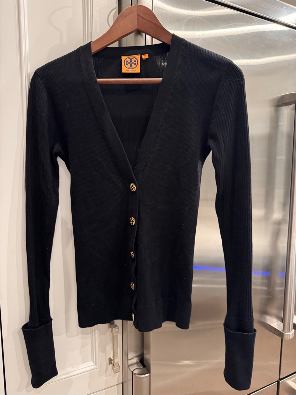 Tory Burch Black Ribbed V-Neck Cardigan with Gold Logo Buttons